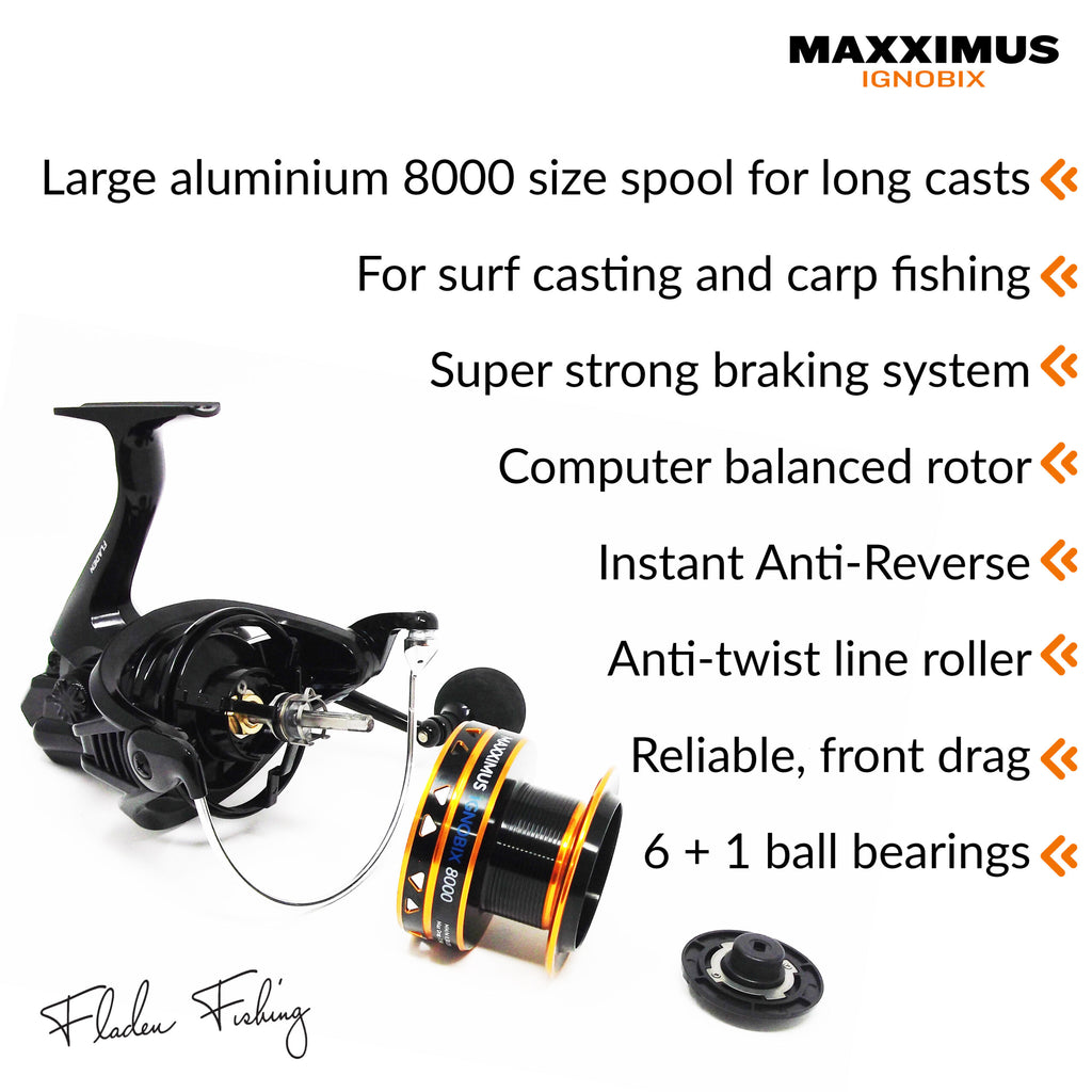 FLADEN Maxximus Ignobix 8000 Surf Casting Front Drag Reel with 6 + 1 ball bearings
