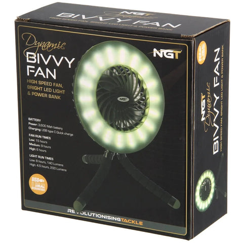 NGT Dynamic Bivvy Fan - USB Rechargable 3600mAh Fan with Light and Powerbank